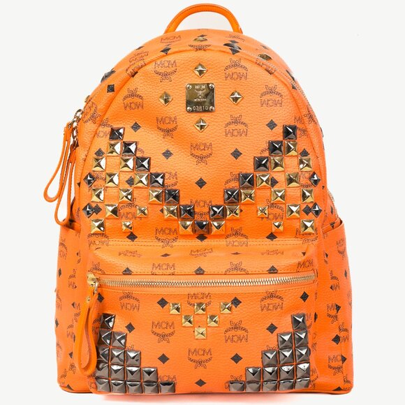 MCM Stark Metal Studs Orange Monogram Backpack - Picture 1 of 15
